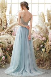 Elegant A-line Blue V-neck Spaghetti Straps Split Front Beading Prom Dress